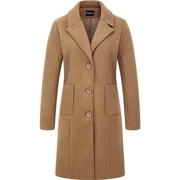 Women's Big Notch Lapel Single Breasted Mid-Long Wool Blend Coat, Camel - Picture 2 of 3